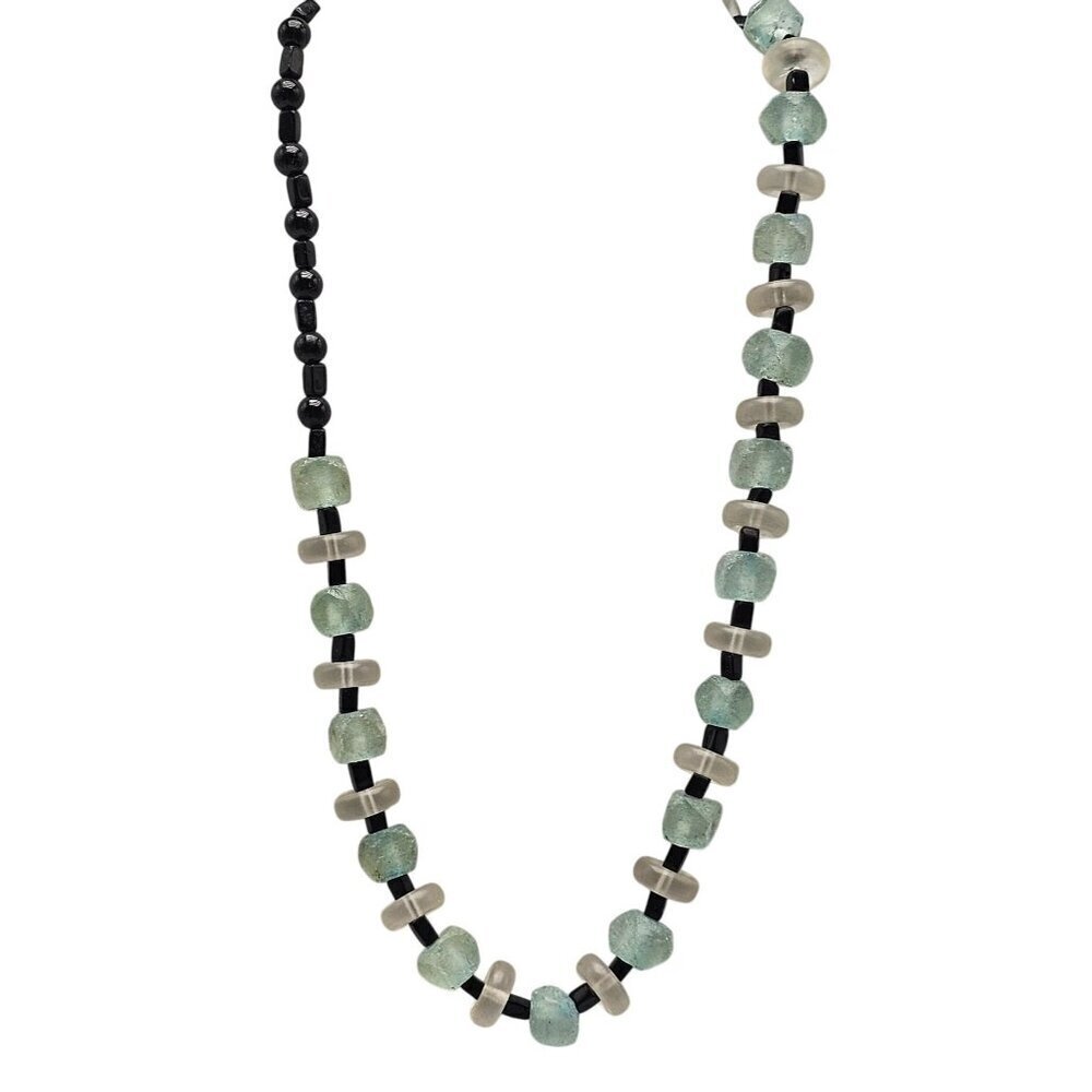 Handcrafted Recycled Green Glass Black Bead Necklace With Toggle Clasp